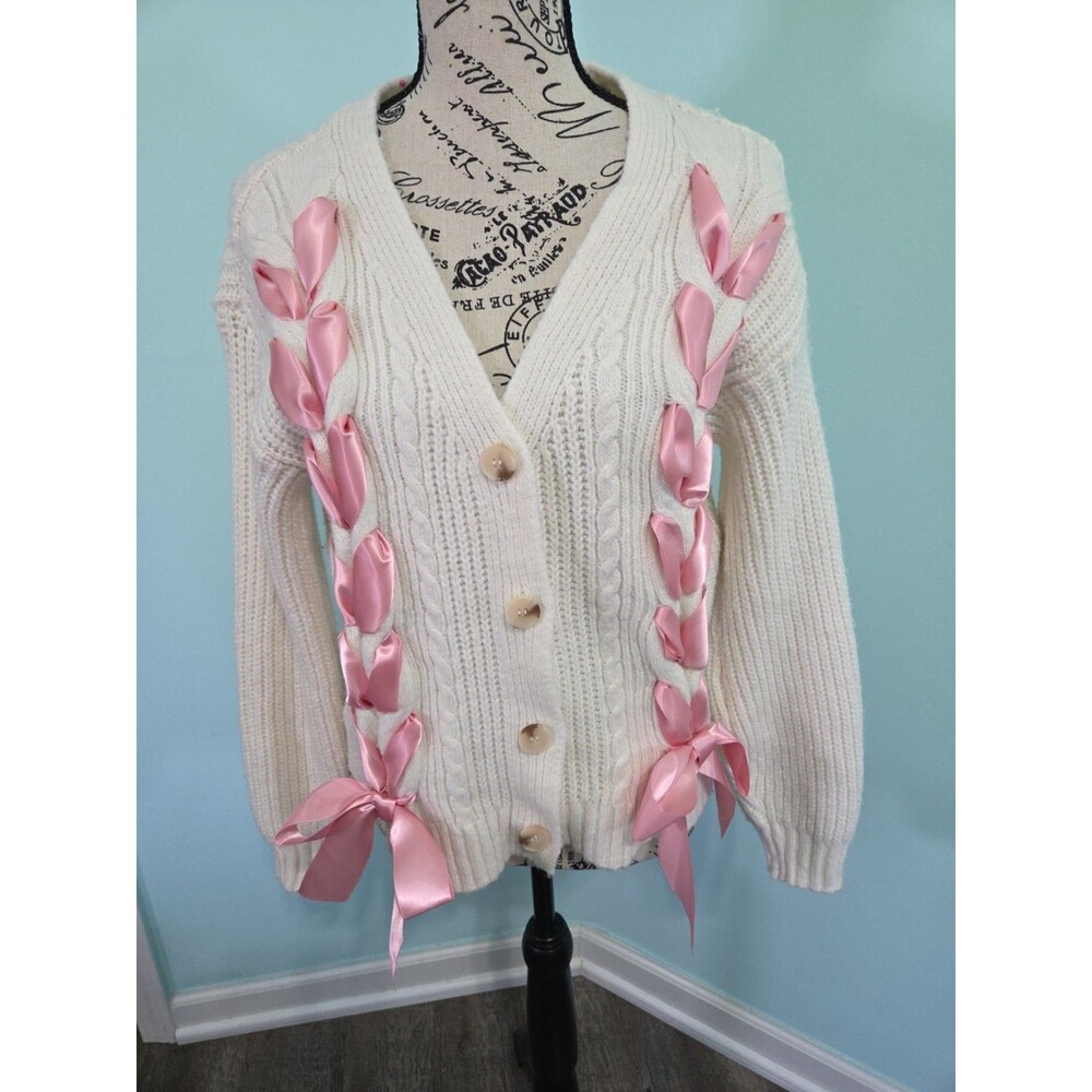 avery lace up sweater francesca's extra small pink bows pretty romantic